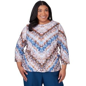 Alfred Dunner Blue and Brown Long Sleeve Top